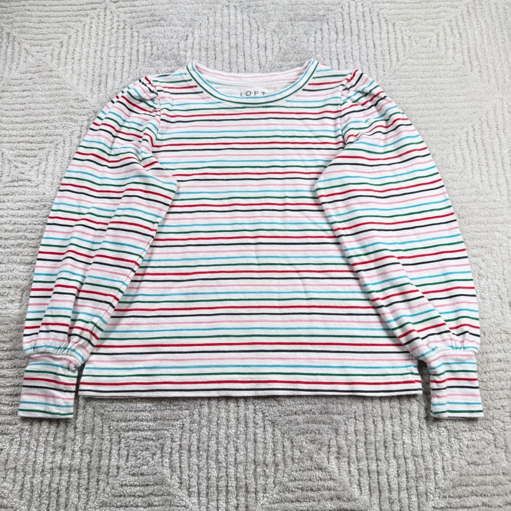 LOFT Striped Puff Sleeve Top Women's XS White Multi Color Nautical Preppy Chic